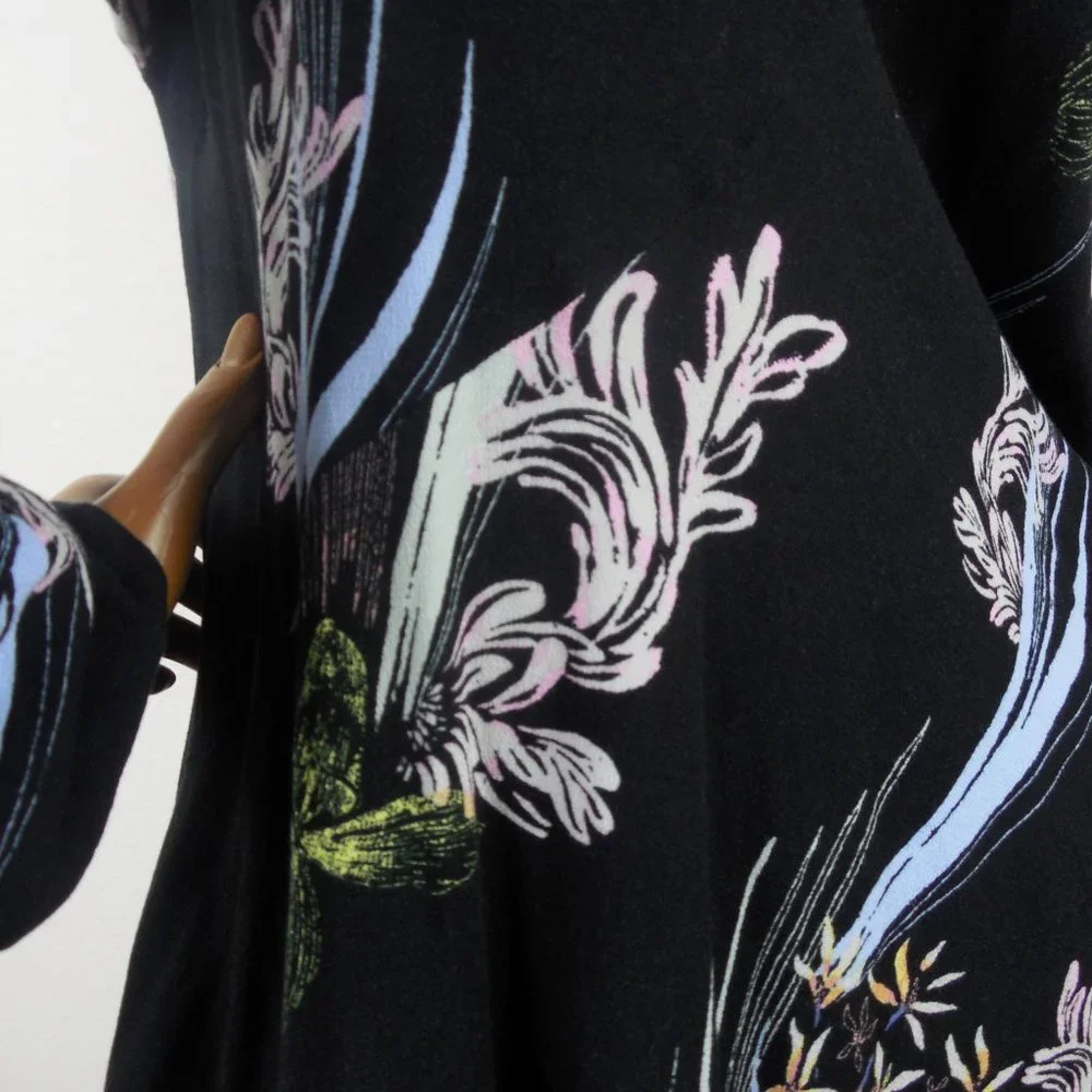 FREE PEOPLE Top M Black Floral Tunic Shirt Tie Cold Shoulder Long Sleeves Casual - Picture 9 of 13